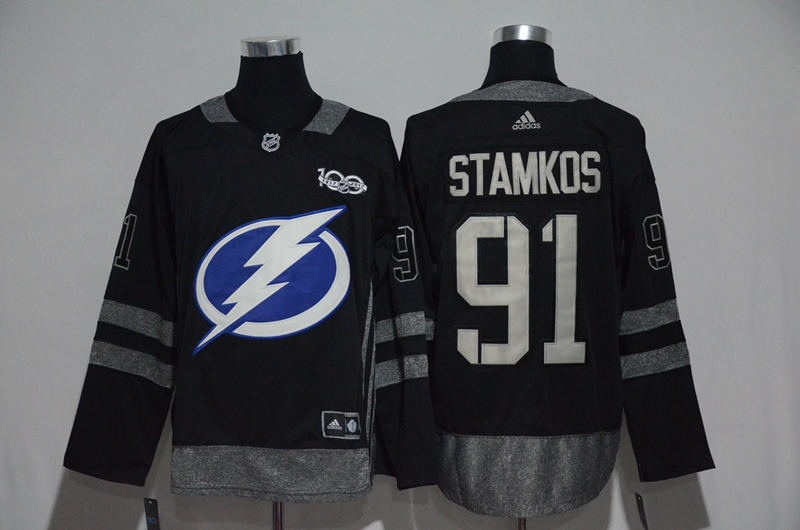 NHL Tampa Bay Lightning #91 Stamkos Black 1917-2017 100th Anniversary Stitched Jersey